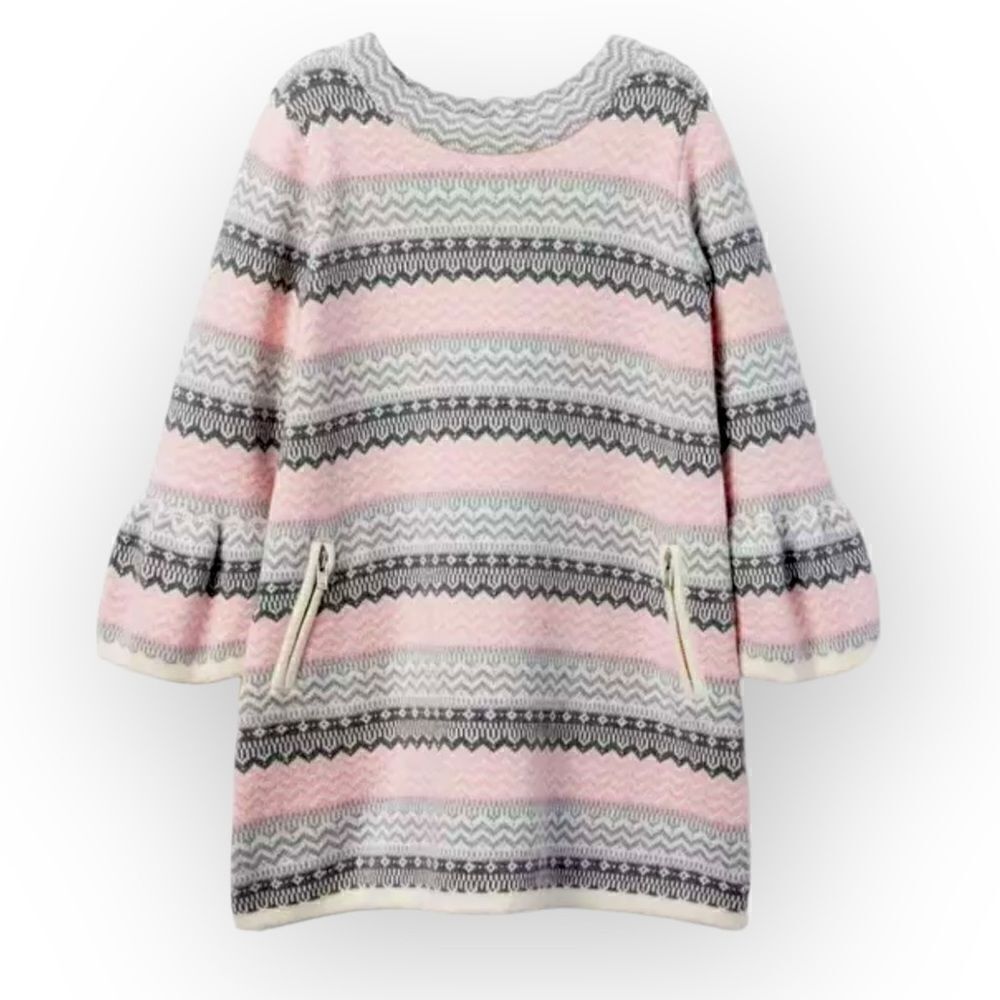 Janie and Jack Fair Isle Sweater Dress Pink Gray Bell Sleeve Zip Pockets Size 4